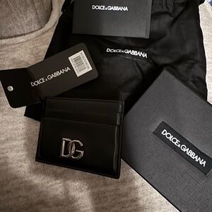 Dolce & Gabbana Black Leather Card Holder with Silver DG Emblem